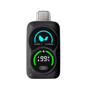 Wireless vaporizer device for cannabis; sleek black design with digital display.
