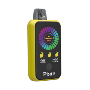 Colorful handheld vaporizer with digital display and temperature controls for nicotine delivery.