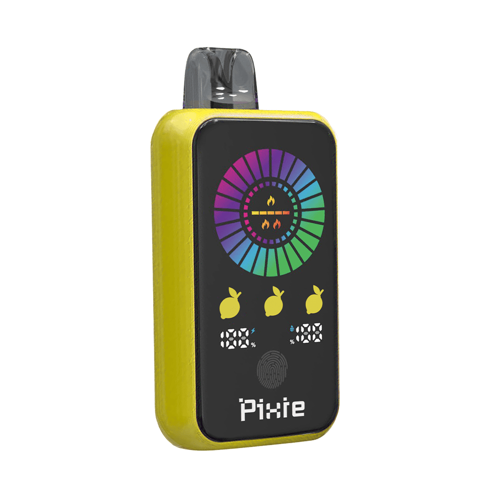 Colorful handheld vaporizer with digital display and temperature controls for nicotine delivery.